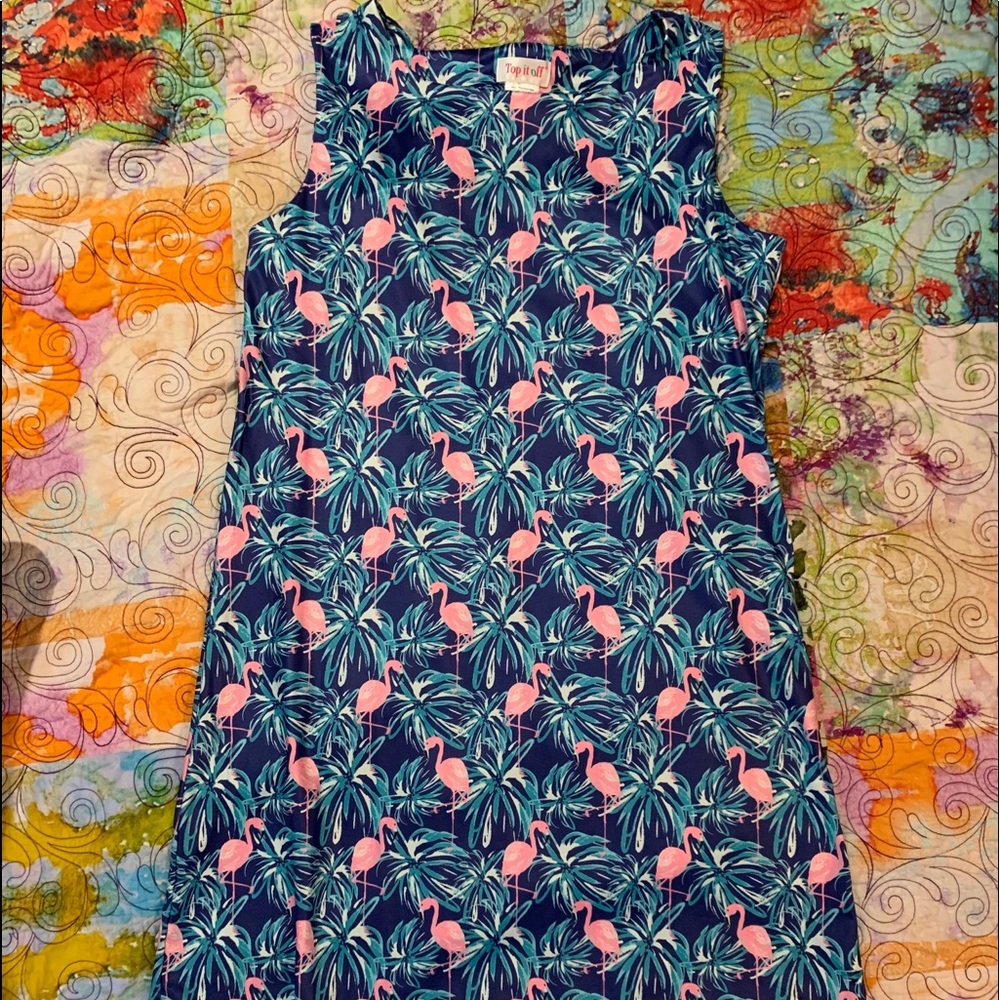 Blue and Green dress with pink flamingos
